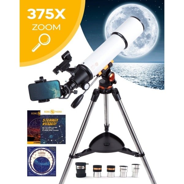 RP® Telescoop 375x Zoom met Planisfeer, 4 lenzen, Smartphone Adapter, Leerboek en Poster - Sterrenkijker - met Afstandsbediening