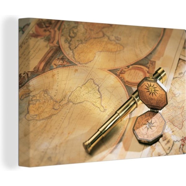 Canvas Wereldkaart - 180x120 - Wanddecoratie Oude verrekijker en kompas op wereldkaart