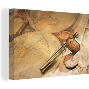 Canvas Wereldkaart - 30x20 - Wanddecoratie Oude verrekijker en kompas op wereldkaart