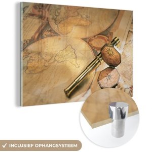 MuchoWow® Glasschilderij - Oude verrekijker en kompas op wereldkaart - 60x40 cm - Acrylglas Schilderijen - Foto op Glas