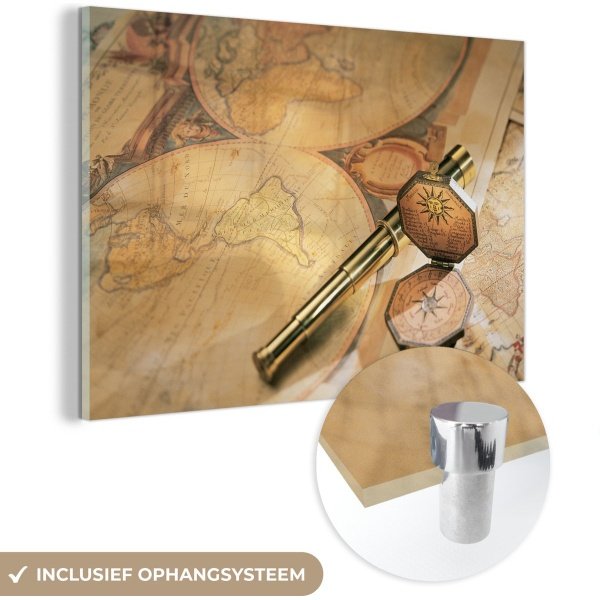 MuchoWow® Glasschilderij - Oude verrekijker en kompas op wereldkaart - 90x60 cm - Acrylglas Schilderijen - Foto op Glas