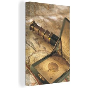 Canvas Wereldkaart - 90x140 - Wanddecoratie Vintage kompas en telescoop op wereldkaart