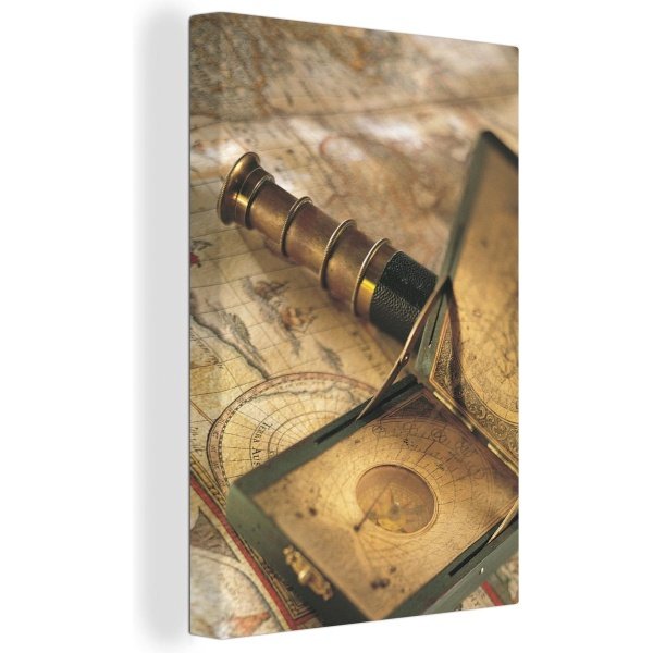 Canvas Wereldkaart - 90x140 - Wanddecoratie Vintage kompas en telescoop op wereldkaart