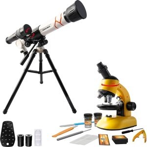 Microscoop en Telescoop Set voor Kinderen - Ontdekkingsreis in Microkosmos en Astronomie - Educatief Speelgoed voor Jonge Wetenschappers - Vergrotingen tot 1200x - Telescoop voor Sterrenkijken - Inclusief Accessoires en Verlichting - STEM Speelgoed